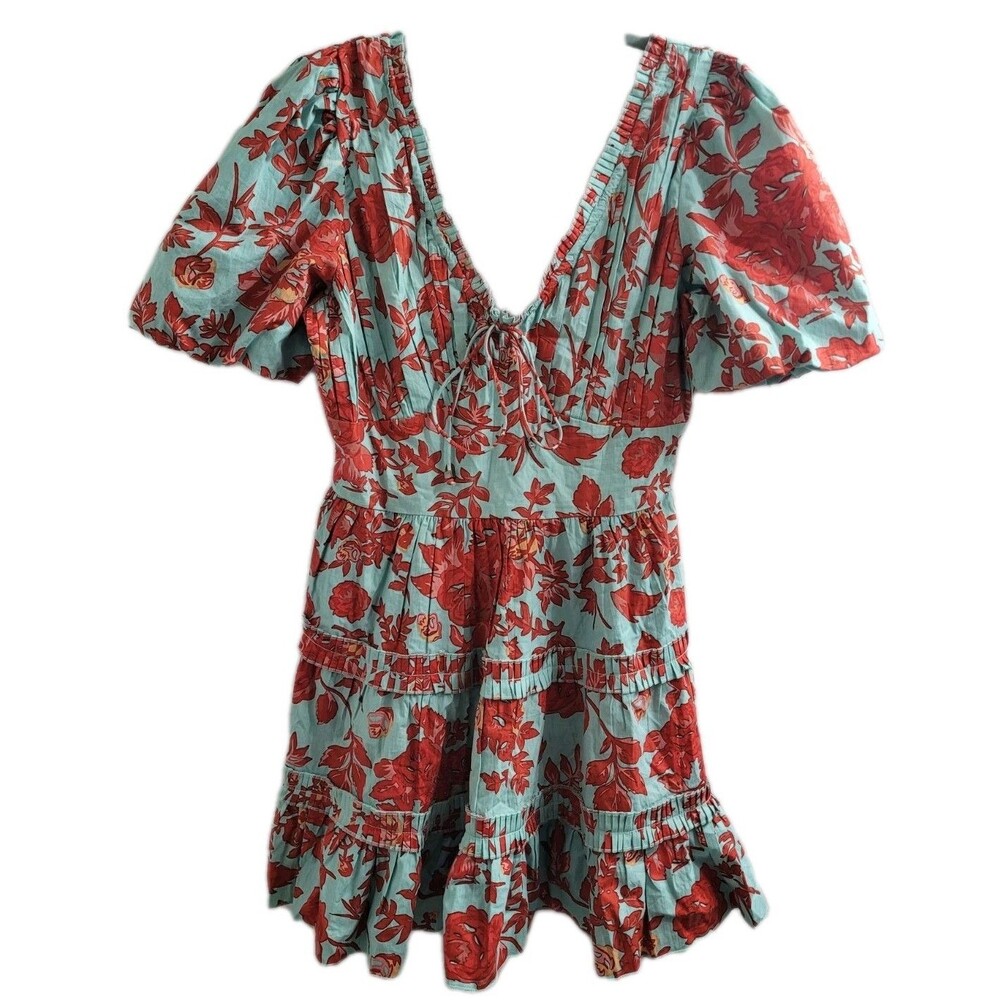 Caroline Constas Floral Mini Dress M NWT Red Aqua Cotton Puff Sleeve Pockets
